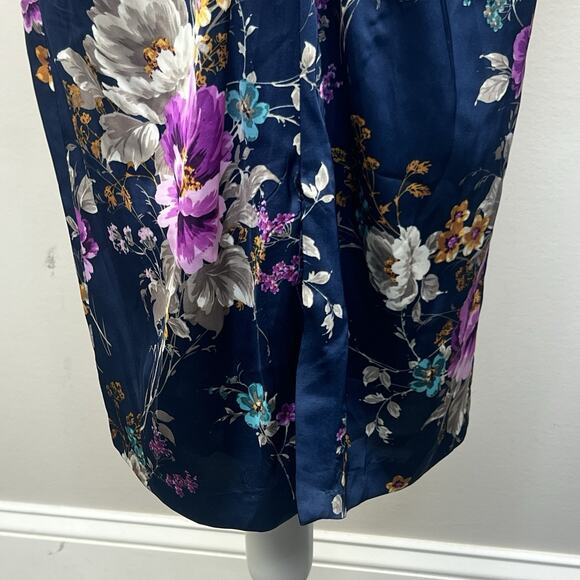Maggy London Petite Women's Navy Blue Floral Satin Dress 10P Ruched Waist - Picture 6 of 14